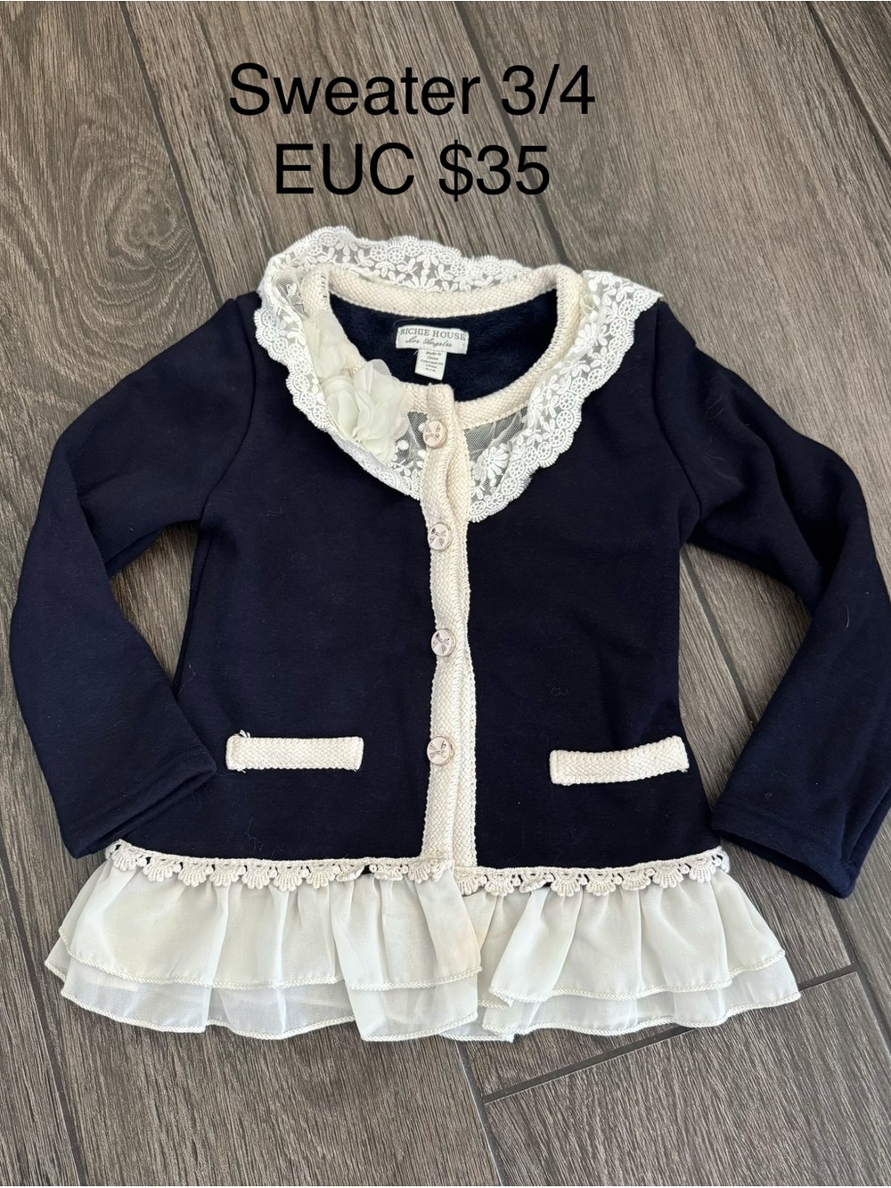 Girls Navy Cardigan Sweater with Cream Lace & Chiffon Hem